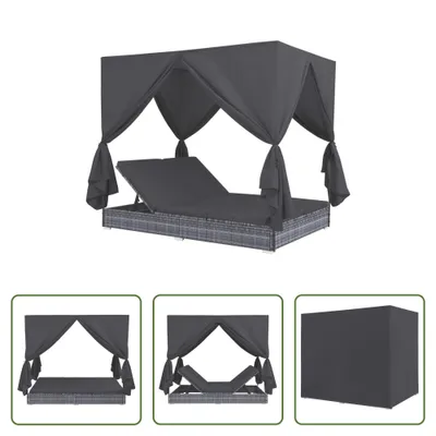 Produktbild von The Living Store Outdoor-Lounge-Bett mit Vorhängen Poly Rattan Grau