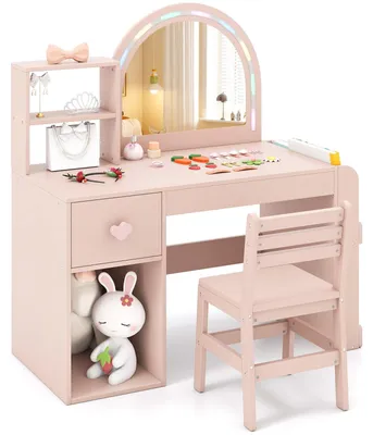 Image de FANTASK, ensemble 2 en 1 : table de maquillage pour enfants avec miroir LED et tabouret
