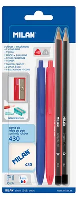 Imagen del producto de Lápices de colores Milan, set de 2 (azul y rojo) + 2 lápices de grafito (HB y H) + goma de borrar 430 + sacapuntas, varios colores. Talla única