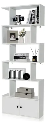 Produktbild von Bücherregal mit 5 Ebenen, S-förmiges Standregal mit Türen, Aufbewahrungsregal für Wohnzimmer und Arbeitszimmer, 70 x 23 x 183 cm (Weiß)