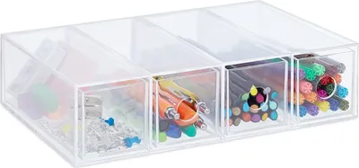 Produktbild von Relaxdays Schubladenbox Kunststoff, HxBxT: 6 x 25 x 17,5 cm, Hoch- & Querformat, Schubladenelement 4 Fächer, transparent