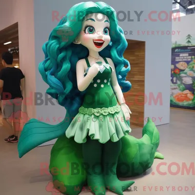 Productafbeelding van Mascot REDBROKOLY karakter van een bosgroene zeemeermin gekleed met een minirok en oorbellen