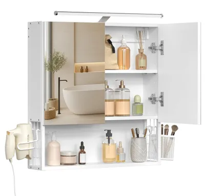 Immagine prodotto di Mobiletto da bagno con specchio illuminato e 2 ante a specchio | Bianco "Wolke" | 56 x 13 x 58 cm