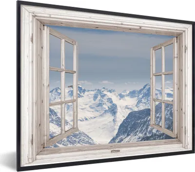 Produktbild von MuchoWow® Gerahmtes Poster Aussicht - Berg - Holz 80x60 cm - Poster mit Schwarzem Bilderrahmen Wandposter Rahmen Foto Bilder - Schwarzem - Mit Gestell