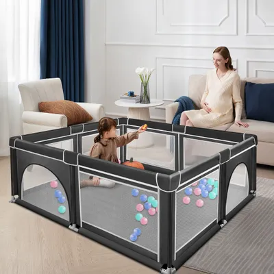 Produktbild von Baby Laufgitter 180x150x66cm Aktivitätszentrum mit atmungsaktivem Netz Rutschfester Basis Sicherheitsspielplatz Schwarz
