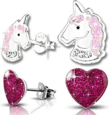 Produktbild von 2x Kinder Ohrringe Echt 925 Silber Pferde Einhorn Mädchen Ohrstecker Herz Edelstahl K207+K285