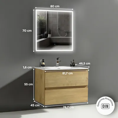 Produktbild von Alpenberger Waschtisch mit Unterschrank 80 cm Breit | Badezimmer Möbel 3 Teiliges Set mit Badezimmerspiegel | Waschbecken Gäste WC | Bad Spiegel mit Licht