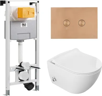 Immagine prodotto di Domotechnika | Set di toilette sospesa Viba - cassetta di sicurezza - bianco - senza bordo, senza bordo, soft close, bidet integrato - pomolo in rame