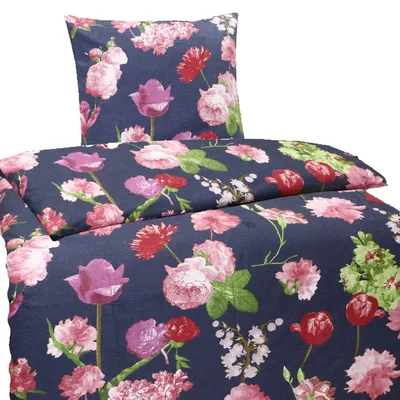 Produktbild von Hochwertige Biber Bettwäsche Baumwolle Blumen Blau Rot 135x200 80x80: 2tlg.