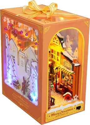 Produktbild von OKWISH 3D Puzzle, DIY Book Nook Kit, Puppenhäuser Miniatur Haus Kit mit Möbeln und LED-Licht, Buchstützen aus Holz, Bücherregaldekoration