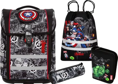 A collection of Marvel-themed school supplies, including a backpack, a drawstring bag, and two pencil cases, arranged on a white background.
