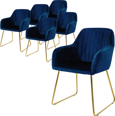 A set of six blue velvet dining chairs with gold legs, arranged on a white background.