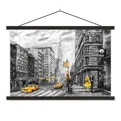 Produktbild von MuchoWow® Textilposter Malerei - Stadt - Auto - Gelb 120x80 cm mit schwarzem Rahmen - Wanddeko
