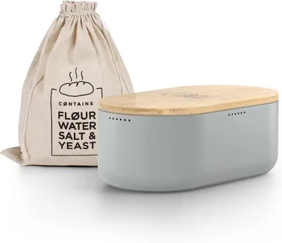Produktbild von Famanu Brotdose mit Bamboodeckel und Leinenbrotbeutel - 36x19x13cm (Aschgrau)