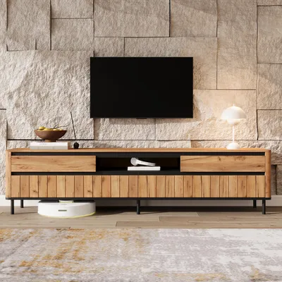 Produktbild von Merax TV Lowboard mit 2 Schubladen und 2 Klapptüren, TV-Schrank Fernsehschrank für 75 Zoll TV , modernes TV Board mit Metallfüßen, Naturholz+Schwarz