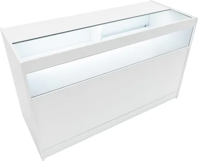 Produktbild von Ladentheke B1500 Weiß 150x60x90 cm mit LED-Beleuchtung, abschließbaren Schiebetüren & 3-stufigen Regalen