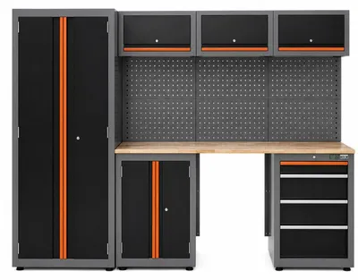 Produktbild von Werkstattwand 13-tlg. modulares Werkstattschranksystem aus Stahl mit Holzarbeitsplatte in orange