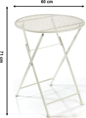 A white metal bistro table with dimensions indicated.
