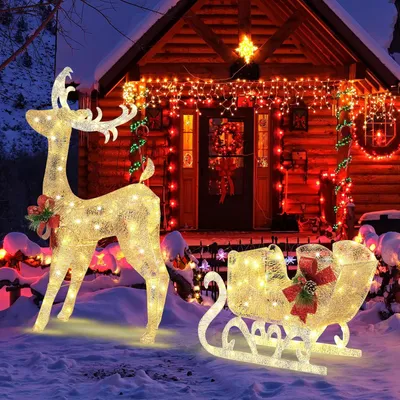 Produktbild von COSTWAY LED-Rentier mit Schlitten, Rentier Weihnachtsfigur, Beleuchtete Weihnachtsdeko mit 100 Lichtern, Weihnachtsbeleuchtung für Außen & Innen