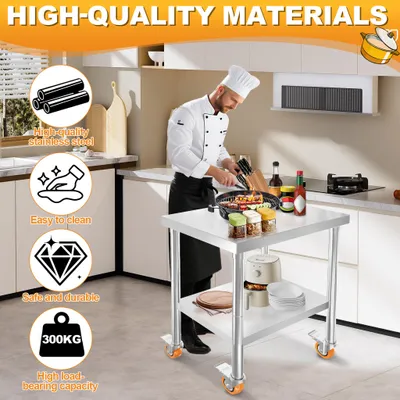 Produktbild von LARS360 mobiler Edelstahl-Arbeitstisch auf 4 Rollen, höhenverstellbar, doppelschichtig, Werkbank & Grillwagen, belastbar bis 300 kg, flexibel für Gastronomie, Event, S 85x61x46 cm