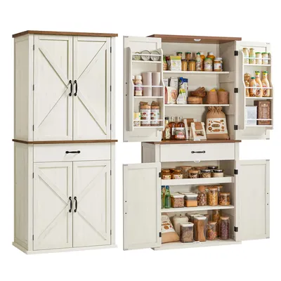 A collage of images showing a multi-piece pantry cabinet in a farmhouse style.