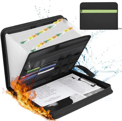 Produktbild von Feuerfeste A4-Mappe mit Reißverschluss und Etiketten, feuerfeste Dokumentenbox mit 24 Fächern für A4-Dokumente, Reisepass, Geld und Wertsachen (A)