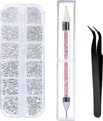 Produktbild von Strasssteine 6 Größen AB Crystal Nail Art Strasssteine und Clear Crystal Strasssteine mit Pick Up Pinzette und Strass Picker Dotting Pen für Nägel Gesicht Kleidung Handwerk 1440 Stücke