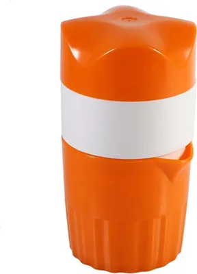 An orange and white manual juicer is shown against a white background.