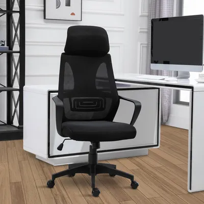 Produktbild von Bürostuhl mit Netzrücken & Wippfunktion, Schreibtischstuhl ergonomisch, höhenverstellbar, Kopfstütze, Lendenstütze, Schwarz | 64x55x126 cm | 10,7 kg