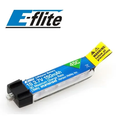 A product shot of an E-flite LiPo battery with its packaging and warning labels.