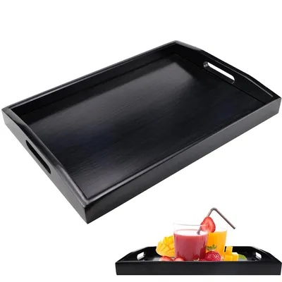 Produktbild von Schwarzes Holztablett mit Griffen – Rechteckiges Dekotablett 40 x 28 cm für Frühstück, Servieren & Wohnaccessoires