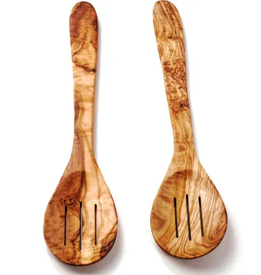 Produktbild von 2er Set Löffel aus Olivenholz mit Schlitz, runder Kopf 30 cm