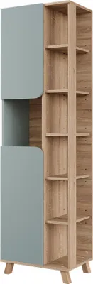 A tall, narrow cabinet with a combination of open shelves and closed compartments.