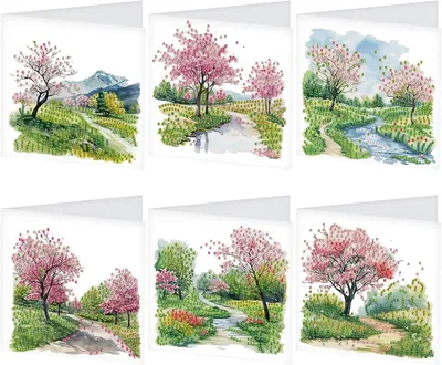 Imagen del producto de Set de tarjetas para pintura con diamantes, con motivos de paisajes japoneses, flores de cerezo, 6 tarjetas con sobres, para hacer tú mismo