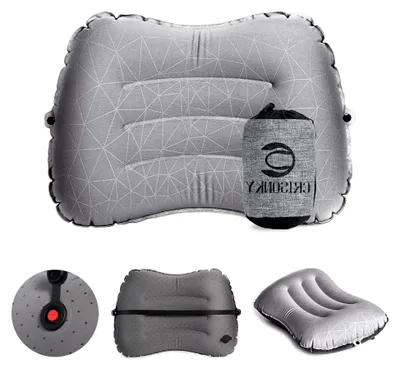 Produktbild von Campingkissen – Aufblasbares Kissen – Reisekissen für Rucksacktouren & Flugzeug, Lendenwirbelstütze 2.0, Aufblasbares Kissen, Ultraleicht, Komprimierbar, Ergonomisch (Hellgrau)