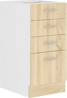 A white and wood grain kitchen cabinet with four drawers.