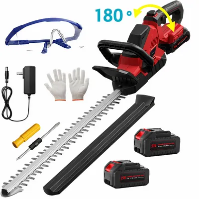 Produktbild von Akku Heckenschere, 21" Klingen Heckenschere mit 2 × 4000mAh Akkus, 3000RPM, bürstenloser motor,180° drehbarer Kopf,Doppelter Sicherheitsschalter,Rot