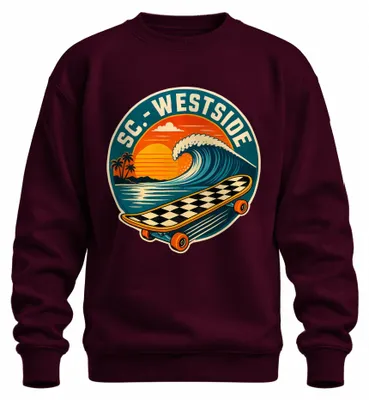 Immagine prodotto di Felpa con cappuccio, stile skateboard e surf, motivo "Westside", ideale per la spiaggia californiana, colore bordeaux, taglia XXL
