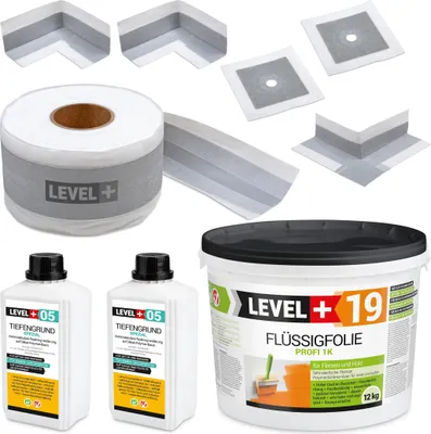 Obrázek produktu pro Hydroizolační sada Tekutá membrána 12kg Páska 15mb Základní nátěr 2L Manžety Rohy Koupelna LEVEL+ SET522
