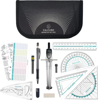 Produktbild von CALCUSO Geometrie Set PRO – Schwarzes Mäppchen mit Zirkel, Geodreieck & Lineal