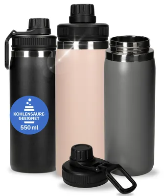 Imagen del producto de Botella de acero inoxidable de 550 ml, modelo 'Stockholm' - Termo aislado al vacío, apto para bebidas carbonatadas - Botella de agua para niños y adultos - color rosa