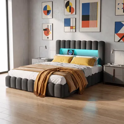 Produktbild von INONEFT Polsterbett 160x200cm mit Bettkasten, Doppelbett Boxspringbett mit LED und USB, Jugendbett Funktionsbett mit Lattenrost, Leinen, Grau
