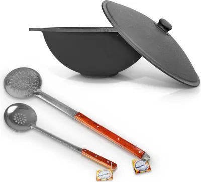 Produktbild von Gusseisen Kazan 16L Uzbekisch Kochtopf Schaumlöffel Kessel Camping WOK
