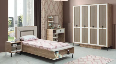 Produktbild von Garnitur Kinderzimmer Bett Kinderbett Kindermöbel Braun Holz Set 5tlg