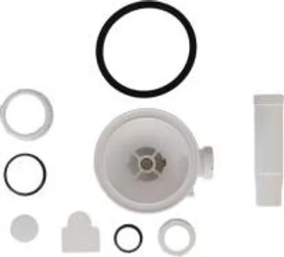 A collection of plumbing or water system components laid out on a white background.