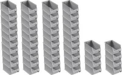 Several stacks of gray storage bins are arranged in rows on a white background.