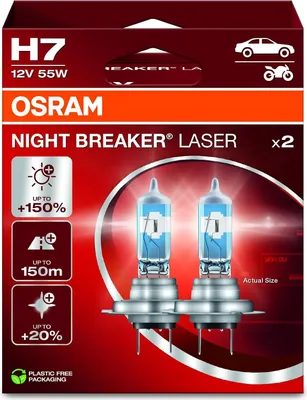 The image shows the packaging of OSRAM NIGHT BREAKER LASER H7 headlight bulbs.