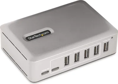 Produktbild von StarTech.com 7-Port USB-C Hub - 5x USB-A/2x USB-C - USB C Verteiler mit 65 W Netzteil - USB 3.1 / 3.2 Gen 2 10 Gbit/s - Adapter USB C auf USB A - USB Typ C Splitter mit 2x BC 1.2 Ports und verriegelbarem Kabel, USB 3.2 Gen 2 (3.1 Gen 2) Type-C, USB 3.2 Gen 2 (3.1 Gen 2) Type-A, USB 3.2 Gen 2 (3.1 Gen 2) Type-C, 10000 Mbit/s, Silber, Status, Thermoplastisches Elastomer (TPE)