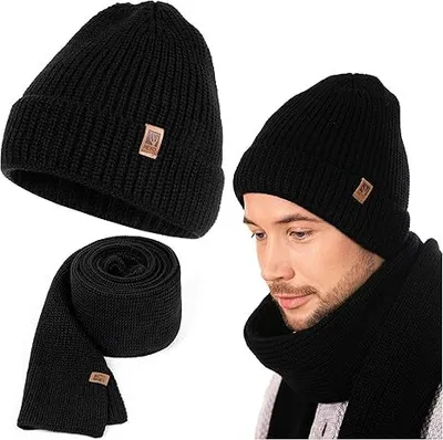 Produktbild von Herren Mütze Schal Set für Winter | Warme Strickmütze gefüttert Beanie Winterschal