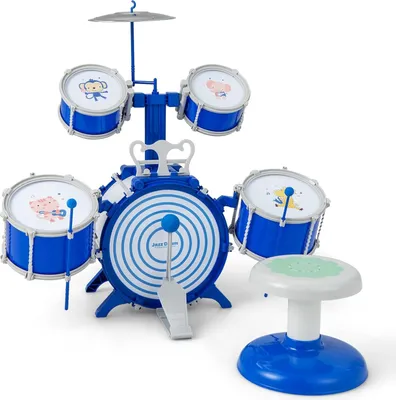 Produktbild von Schlagzeug Set, Kinder Trommel Set mit Schlagzeugstöcken, Hocker, Notenständer & Fußpedal, Kinderspielzeug ab 3 Jahre, Percussion Musikinstrument Spielzeug
